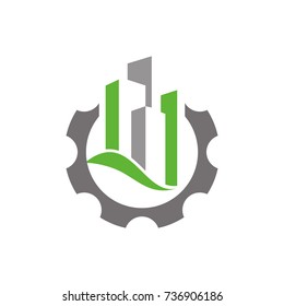 Building maintenance logo design template vector, modern abstract building inside gear shape