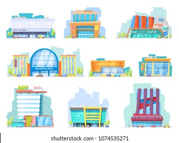 Building mall vector storefront of newbuild mall and store facade illustration set of shopping officebuilding of cityscape and architectural city shop isolated on white background