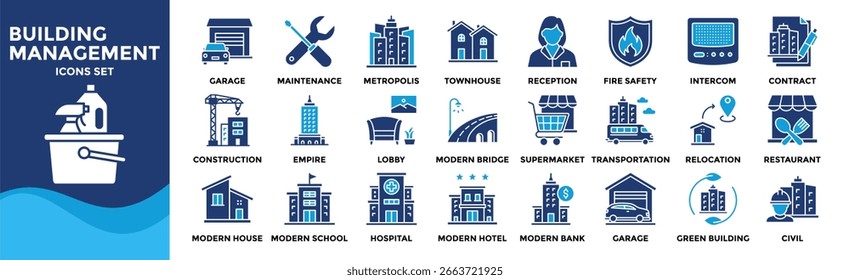Building Management icon collection set. Containing design Maintenance, Metropolis, Townhouse, Reception, Fire safety