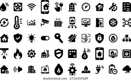 Conjunto de 50 símbolos de Vector sólido para BMS y automatización inteligente de edificios, control de HVAC, monitoreo, alarmas y energía en blanco