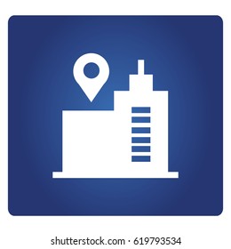 building and map pin icon on a blue background