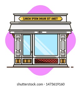 Building Market Vector Illustration. Front Market Building. Flat Cartoon Style Suitable for Web Landing Page, Banner