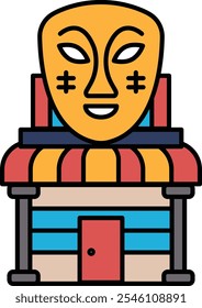 Ein Gebäude mit einer Maske darauf. Das Gebäude ist gelb und rot. Die Maske lächelt