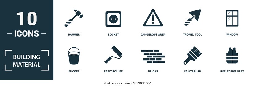 Building Material icon set. Collection of simple elements such as the bucket, paint roller, bricks, paintbrush. Building Material theme signs.