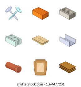 Building material icons set. Cartoon set of 9 building material vector icons for web isolated on white background