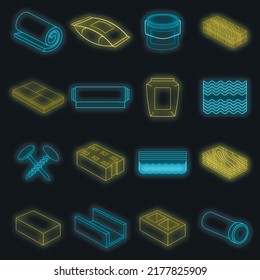 Building material interior icons set. Illustration of 16 building material vector icons neon color on black