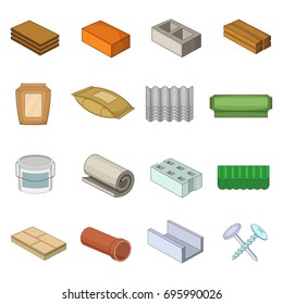 Building material interior icons set. Cartoon illustration of 16 building material vector icons for web