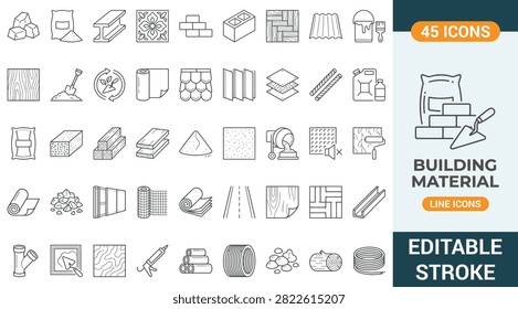 Building material line icon set featuring construction supplies, concrete, brick, cement, timber, steel, tiles, insulation, and hardware raw materials.