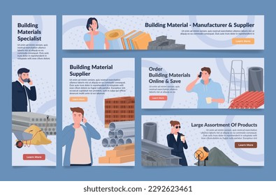 Building material manufacturer and supplier online order service landing page set vector illustration. Industrial construction architecture supply shopping internet advertising for builder purchase