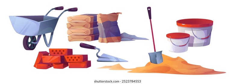 Building material pile. Brick stack vector icon. Concrete powder in sack, spatula, bucket and shovel in sand heap. House construction element set for game. Stacked heavy and rough production graphic