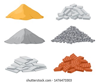 Building material piles. Red and lime brick, cement heaps. Gravel pile and reinforced concrete slabs isolated vector set. Industrial pile brick, block and sand and stone illustration