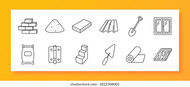 Building Material set icon. Brick stack, sand aggregate, concrete block, corrugated sheet, digging shovel, glazed unit, cement bag, door hinge, stair component, masonry trowel, flooring roll