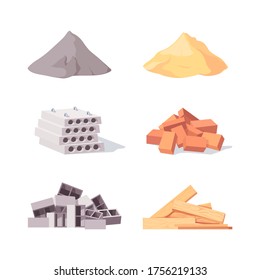 Building material set. Large piles gray cement yellow sand concrete blocks pile red brick curly cinder block freshly processed wooden boards. Architectural cartoon vector.