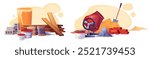 Building material stacks cartoon set with cinder block and bricks, red concrete mixer and cement in pack, shovel in sand pile and paint in bucket with brush, wood plank and roll of insulation material