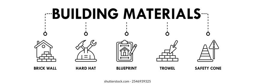 Building Materials banner web icon vector illustration concept with icon of brick wall, hard hat, blueprint, trowel, and safety cone