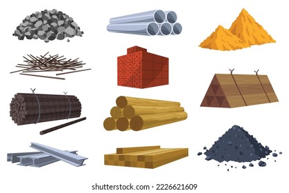 Materiales de construcción. Concepto de construcción. Se pueden utilizar ilustraciones para obras de construcción o para ilustrar obras de renovación. Juego de vectores de ladrillos, tablas, metales, arena y tubos de piedra