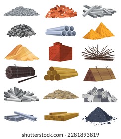 Building materials. Construction concept. Illustrations can be used for construction sites or illustrate renovation works. Bricks, planks, metal, sand and stone pipes vector set