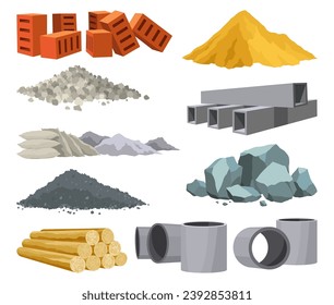 Building materials. Construction concept. Illustrations can be used for construction sites or illustrate renovation works. Bricks, planks, metal, sand and stone pipes vector set