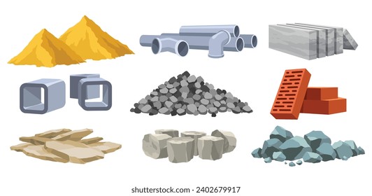 Baumaterialien. Baukonzept. Illustrationen können für Baustellen oder zur Illustration von Renovierungsarbeiten verwendet werden. Ziegel, Pflaster, Metall, Sand und Steinrohre, Vektorset