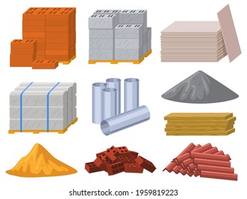 Building materials. Construction industry bricks, cement, wooden planks and metal pipes vector illustration set. Building insulation roofing material. Construction wooden material, block to building - Shutterstock ID 1959819223