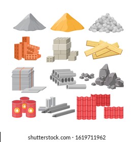 Building materials flat vector illustrations set. Cement, sand and gravel piles. Construction, renovation works supplies. Bricks and timber isolated on white. Oil barrels, metal beams and roof tile.