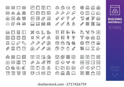 Materiales de construcción y herramientas de mano mega iconos conjunto - madera, techos, alcantarillado, ladrillos, bloques, pisos, ventanas, puertas, paneles de yeso, OSB, cemento, tornillos, clavos, Vector de pintura símbolos con trazo editable