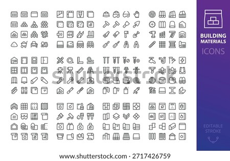 Building materials and hand tools mega icons set - lumber, roofing, sewerage, bricks, blocks, flooring, windows, doors, drywall, OSB, cement, screws, nails, paint vector symbols with editable stroke