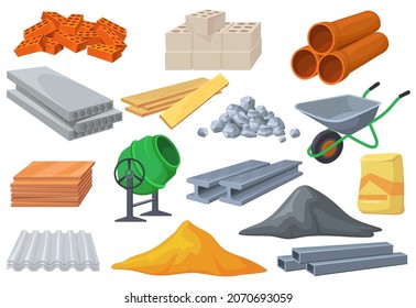 Building materials heaps. Construction material pile of cement stones bricks masonry blocks, metal roof tile, wooden planks, concrete raw vector. Illustration of pile construction, heap material