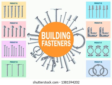 Building Materials, House Construction Accessories and Products Shop Flat Vector Advertising Banner or Promotion Poster with Various Metal Fasteners, Anchors, Dowels and Clamps Illustrations Set