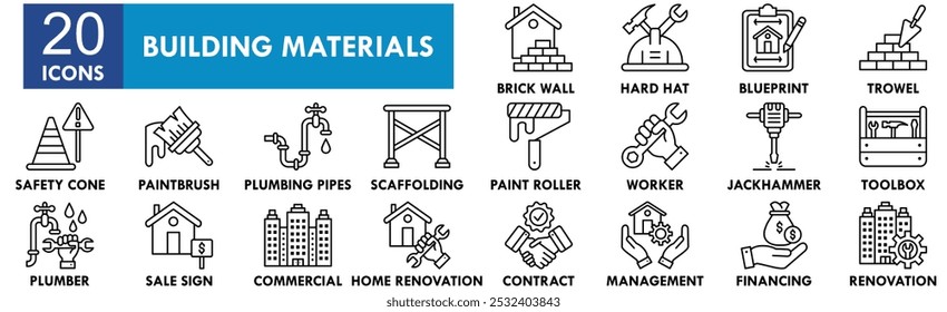 Conjunto de colección de iconos de materiales de construcción. Diseño de la construcción, construcción, material, industria, casa, industrial