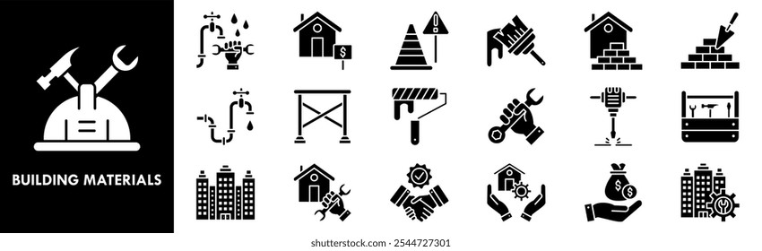 Conjunto de colección de iconos de materiales de construcción. Diseño de la construcción, construcción, material, industria, casa, industrial