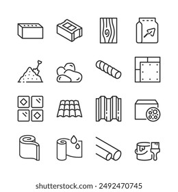 Building Materials, Icon Set. Materials for Construction and Cladding. Brick, Wood, Cement, Sand, Gravel, Rebar, Drywall, Ceramic Tile, Foam Block, Aerated Concrete, etc. Line with editable stroke