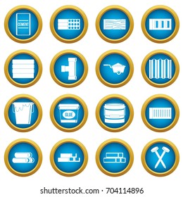 Building materials icons blue circle set isolated on white for digital marketing