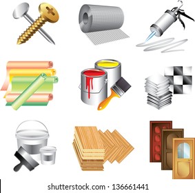 Building Materials Icons Detailed Vector Set