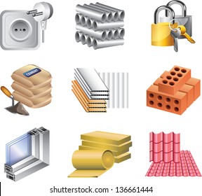 building materials icons detailed vector set