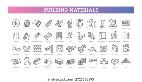 Iconos de materiales de construcción. Colección de icono lineal