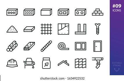 Building materials icons set. Set of construction cement block, silicate brick, drywall, lumber, timber, rebar, insulation roll, sand, gravel, concrete mixer machine, gutter system, corner bead icon