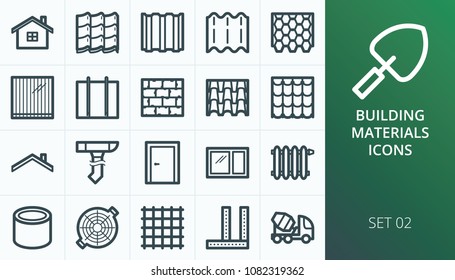 Building materials icons set. Set of home, roof, roof materials, door, window, radiator, roof drain icons.