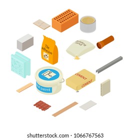 Building materials icons set. Isometric illustration of 16 building materials vector icons for web