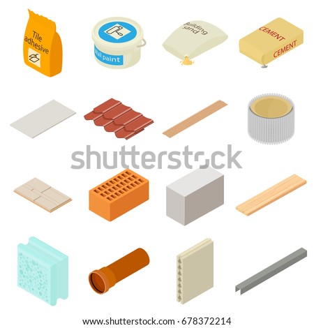 Building materials icons set. Isometric illustration of 16 building materials vector icons for web