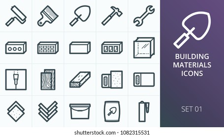 Building materials icons set. Set of building tools, construction blocks and bricks, drywall, cement, sealant glue, stone wool icons.