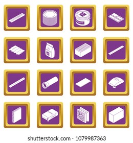 Building materials icons set vector purple square isolated on white background 