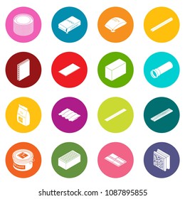 Building materials icons set vector colorful circles isolated on white background 