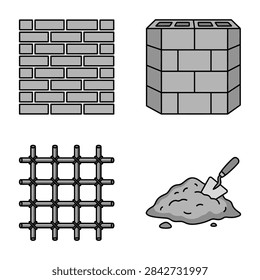 Building materials including bricks, cinder blocks, and sand.