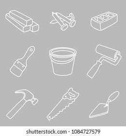 Building materials and instruments white lineart. Instruments set. Tools set.