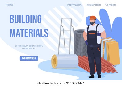 Building materials landing page vector flat illustration. Construction industrial tool web internet advertising banner. Male carpenter uniform engineering foreman architect builder development process