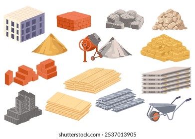 Materiales de construcción mega set Elementos en Diseño gráfico plano. Objetos de colección de construcción de viviendas, bloques, pilotes de piedras, arena, hormigonera, tableros de madera, losas, otros. Ilustración vectorial.