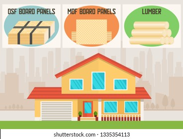 Building Materials for Modern House Construction Flat Vector Concept, Advertising Banner or Promo Poster with OSB and MDF Board Panels, Natural Wood Lumbers, Cottage House Front Facade Illustration