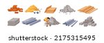 Building materials set. Bricks, cement, sand, stones, concrete, metal pipes, wood panels, iron slabs, timber for house, road construction site. Flat vector illustrations isolated on white background