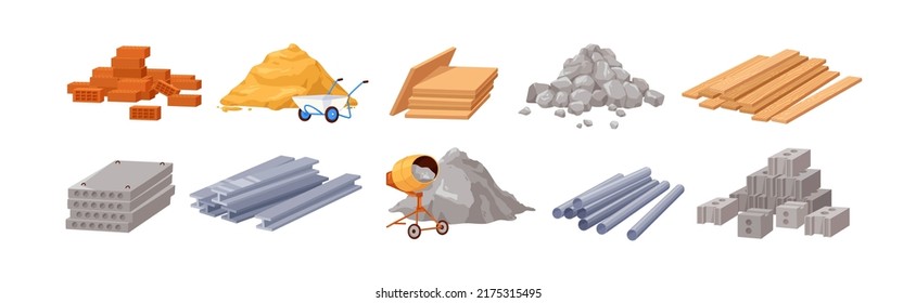 Building materials set. Bricks, cement, sand, stones, concrete, metal pipes, wood panels, iron slabs, timber for house, road construction site. Flat vector illustrations isolated on white background